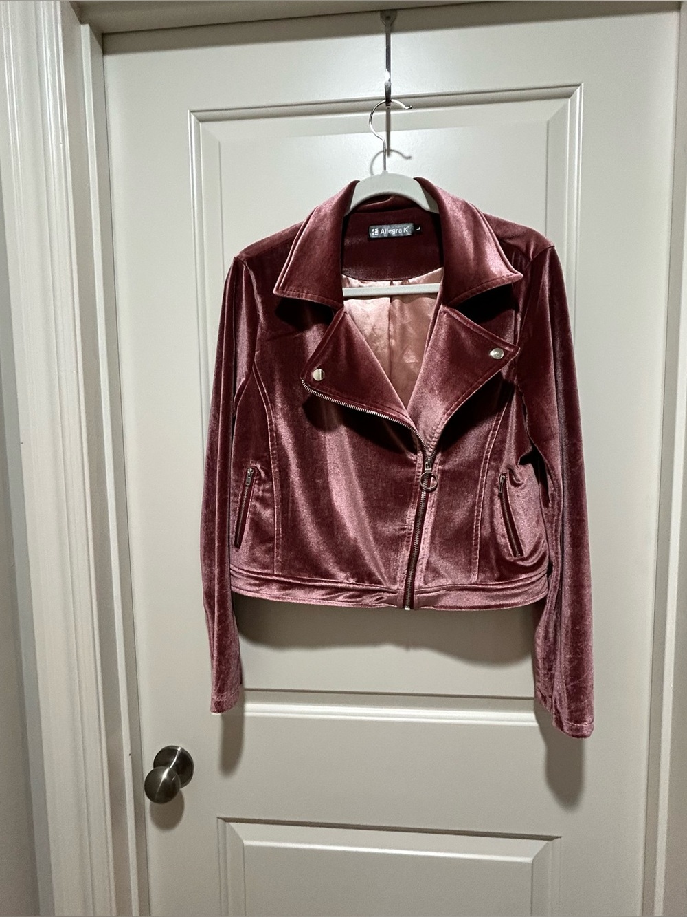 Allegra K women’s size L Velvet look Moto Jacket - Dusty Rose zip front